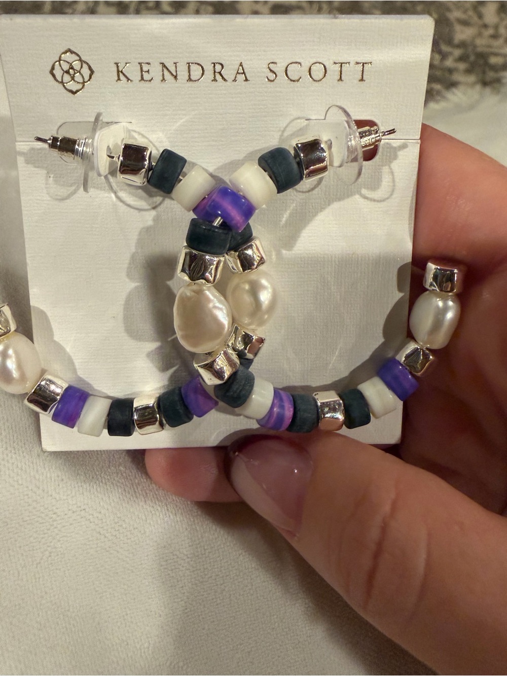 Kendra Scott Purple, White & Dark Teal Beaded Hoop Earrings with Pearls